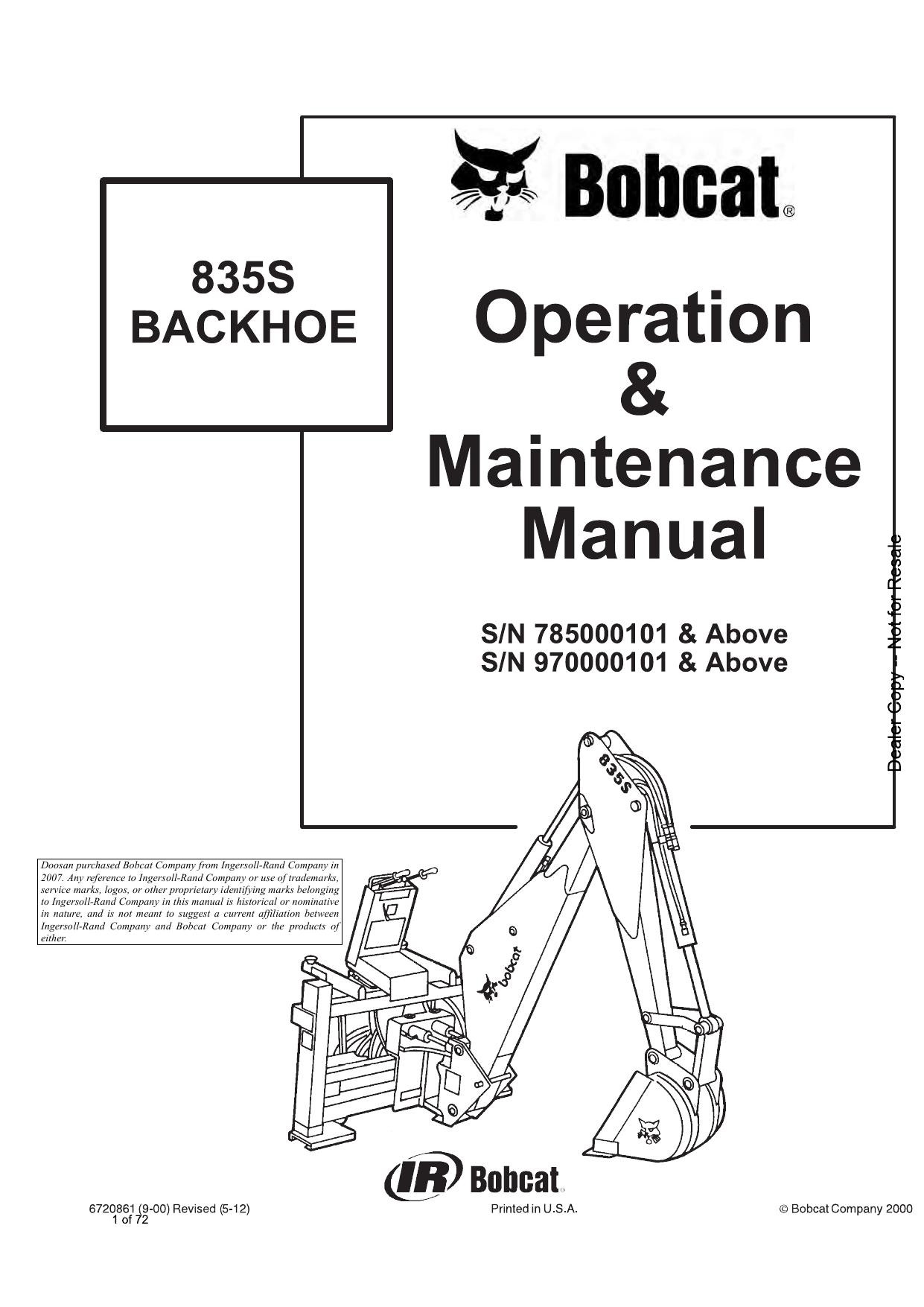 835S BACKHOE Operation & Maintenance Manual Bobcat